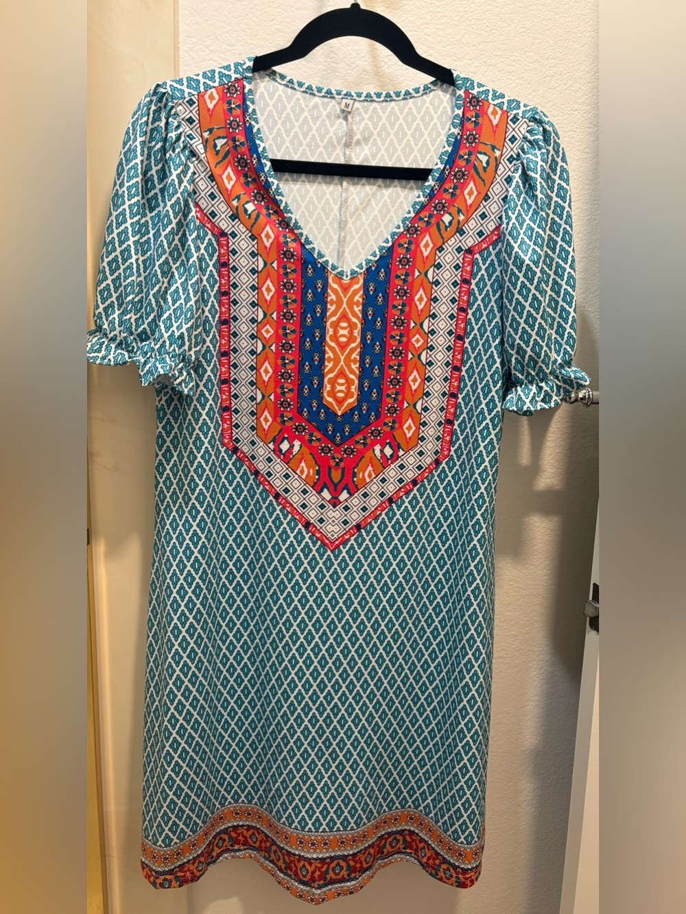 Boho Teal Printed V-Neck Women’s Dress with Multicolor Embellished Yoke